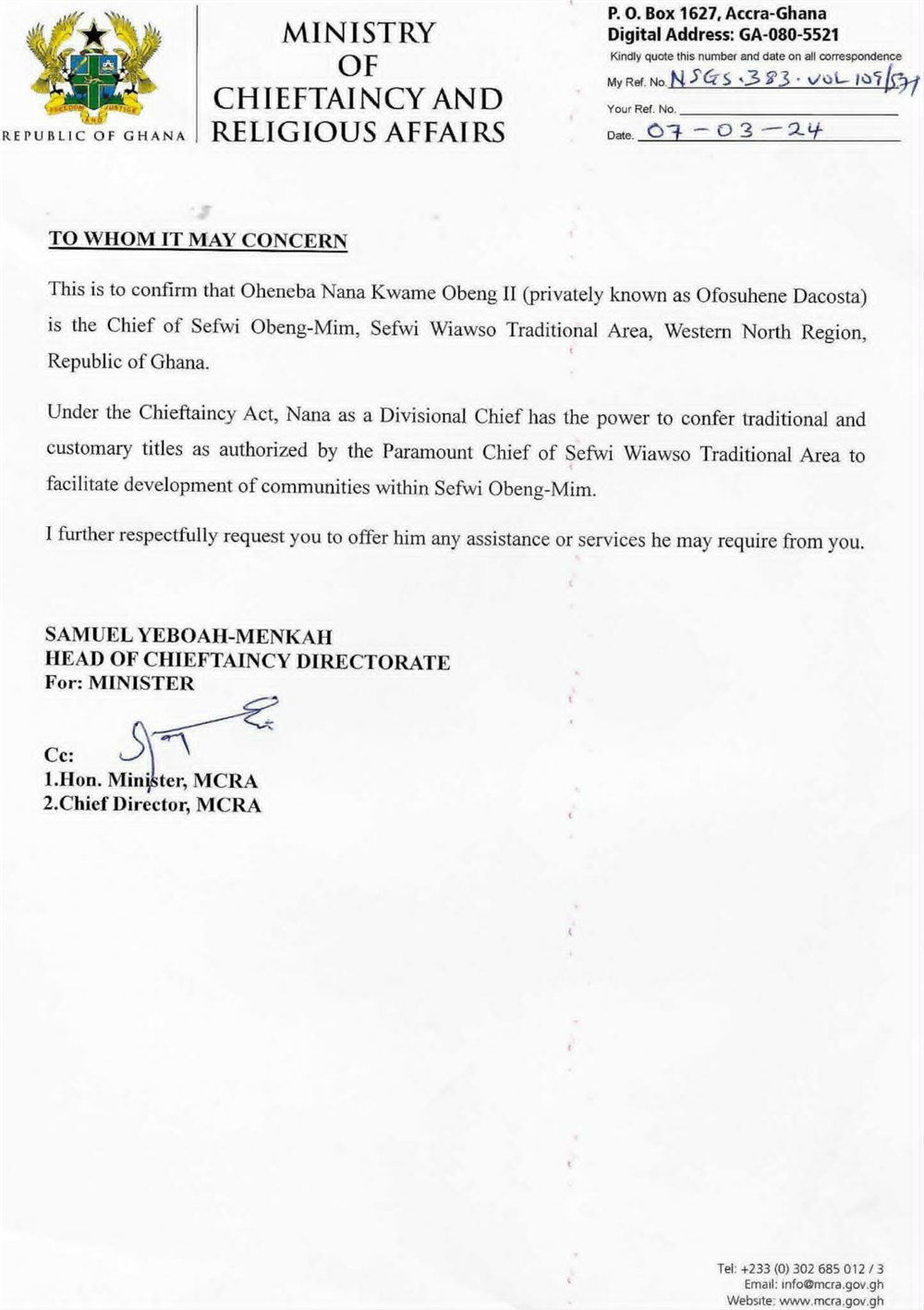 Official confirmation letter from the Ministry of Chieftaincy and Religious Affairs, Republic of Ghana, Reference NSGS.383, dated 7 March 2024