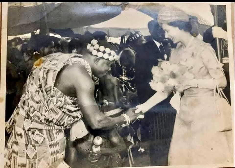 Historical photograph of a Ghanaian traditional ruler received in royal audience by Queen Elizabeth II